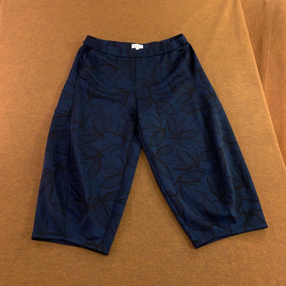 Carla Rockmore Womens XLP Navy Blue Leaf Print Cropped Wide Leg Pants New